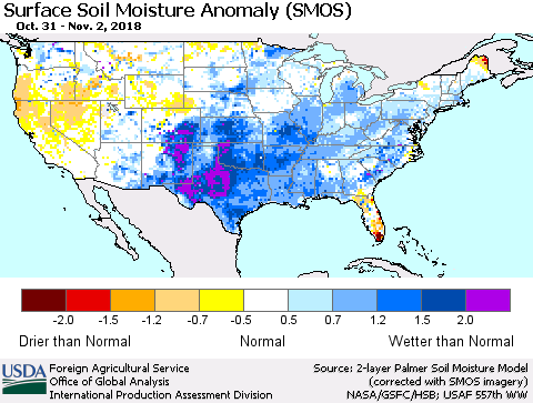 United States Surface Soil Moisture Anomaly (SMOS) Thematic Map For 10/29/2018 - 11/4/2018