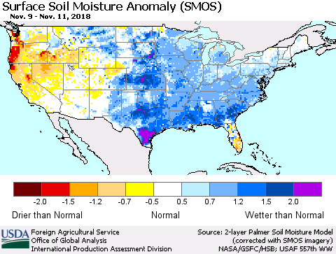 United States Surface Soil Moisture Anomaly (SMOS) Thematic Map For 11/5/2018 - 11/11/2018