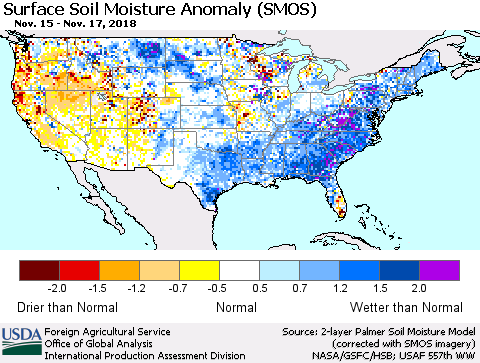 United States Surface Soil Moisture Anomaly (SMOS) Thematic Map For 11/12/2018 - 11/18/2018