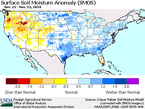 United States Surface Soil Moisture Anomaly (SMOS) Thematic Map For 11/19/2018 - 11/25/2018