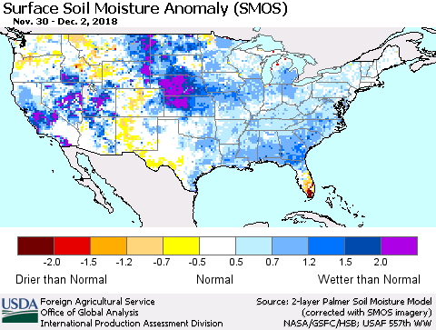 United States Surface Soil Moisture Anomaly (SMOS) Thematic Map For 11/26/2018 - 12/2/2018