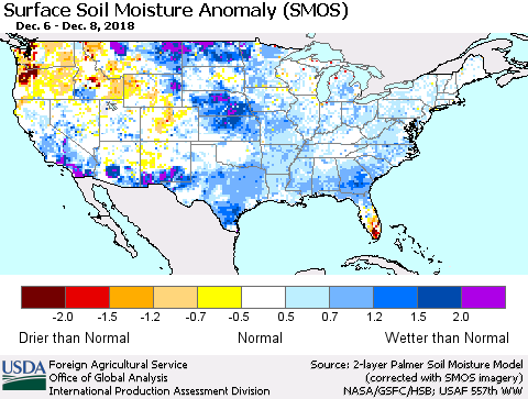 United States Surface Soil Moisture Anomaly (SMOS) Thematic Map For 12/3/2018 - 12/9/2018