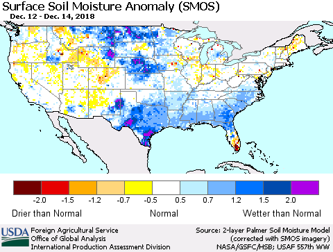 United States Surface Soil Moisture Anomaly (SMOS) Thematic Map For 12/10/2018 - 12/16/2018