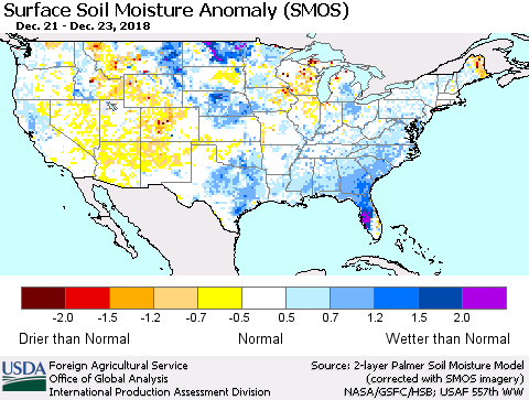 United States Surface Soil Moisture Anomaly (SMOS) Thematic Map For 12/17/2018 - 12/23/2018