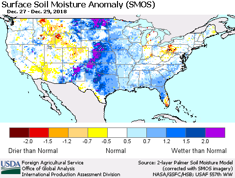United States Surface Soil Moisture Anomaly (SMOS) Thematic Map For 12/24/2018 - 12/30/2018