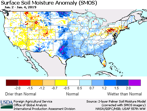 United States Surface Soil Moisture Anomaly (SMOS) Thematic Map For 12/31/2018 - 1/6/2019