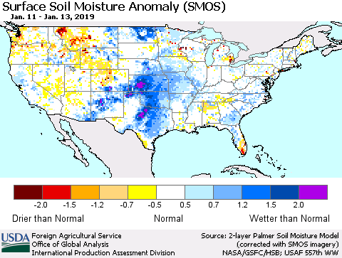 United States Surface Soil Moisture Anomaly (SMOS) Thematic Map For 1/7/2019 - 1/13/2019