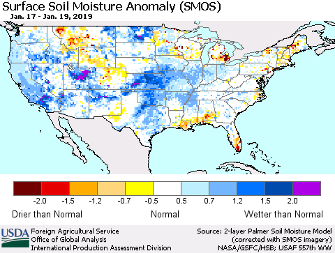 United States Surface Soil Moisture Anomaly (SMOS) Thematic Map For 1/14/2019 - 1/20/2019