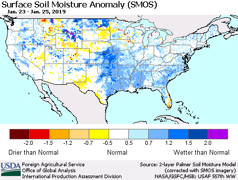 United States Surface Soil Moisture Anomaly (SMOS) Thematic Map For 1/21/2019 - 1/27/2019