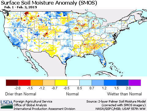 United States Surface Soil Moisture Anomaly (SMOS) Thematic Map For 1/28/2019 - 2/3/2019