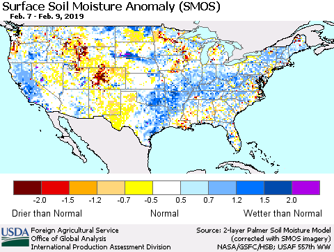 United States Surface Soil Moisture Anomaly (SMOS) Thematic Map For 2/4/2019 - 2/10/2019