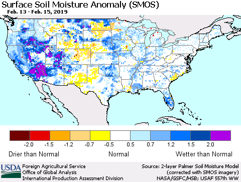 United States Surface Soil Moisture Anomaly (SMOS) Thematic Map For 2/11/2019 - 2/17/2019