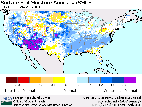 United States Surface Soil Moisture Anomaly (SMOS) Thematic Map For 2/18/2019 - 2/24/2019