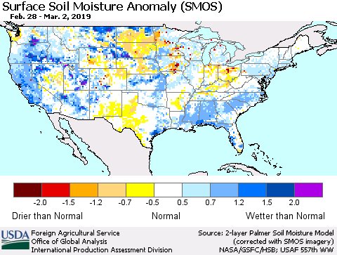 United States Surface Soil Moisture Anomaly (SMOS) Thematic Map For 2/25/2019 - 3/3/2019