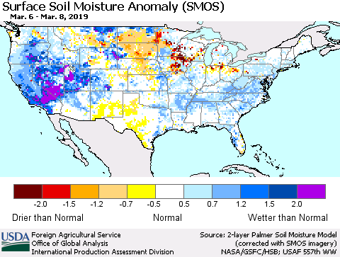 United States Surface Soil Moisture Anomaly (SMOS) Thematic Map For 3/4/2019 - 3/10/2019