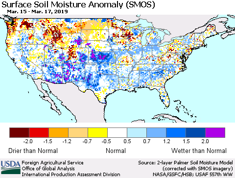 United States Surface Soil Moisture Anomaly (SMOS) Thematic Map For 3/11/2019 - 3/17/2019