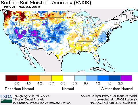 United States Surface Soil Moisture Anomaly (SMOS) Thematic Map For 3/18/2019 - 3/24/2019