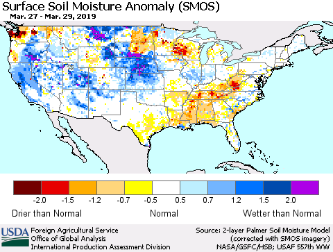 United States Surface Soil Moisture Anomaly (SMOS) Thematic Map For 3/25/2019 - 3/31/2019