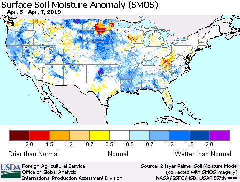 United States Surface Soil Moisture Anomaly (SMOS) Thematic Map For 4/1/2019 - 4/7/2019