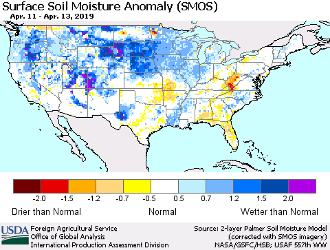 United States Surface Soil Moisture Anomaly (SMOS) Thematic Map For 4/8/2019 - 4/14/2019