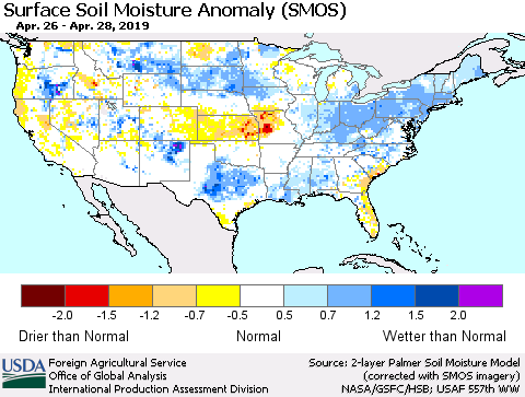 United States Surface Soil Moisture Anomaly (SMOS) Thematic Map For 4/22/2019 - 4/28/2019