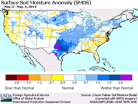 United States Surface Soil Moisture Anomaly (SMOS) Thematic Map For 4/29/2019 - 5/5/2019