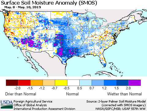 United States Surface Soil Moisture Anomaly (SMOS) Thematic Map For 5/6/2019 - 5/12/2019
