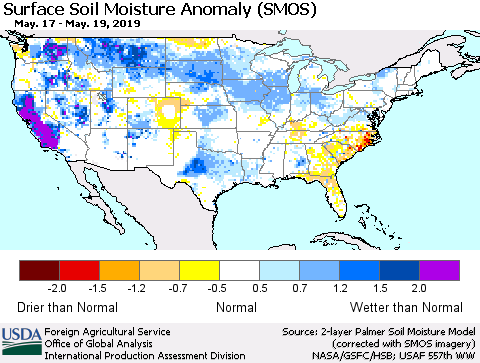United States Surface Soil Moisture Anomaly (SMOS) Thematic Map For 5/13/2019 - 5/19/2019