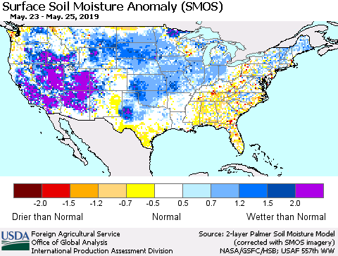 United States Surface Soil Moisture Anomaly (SMOS) Thematic Map For 5/20/2019 - 5/26/2019