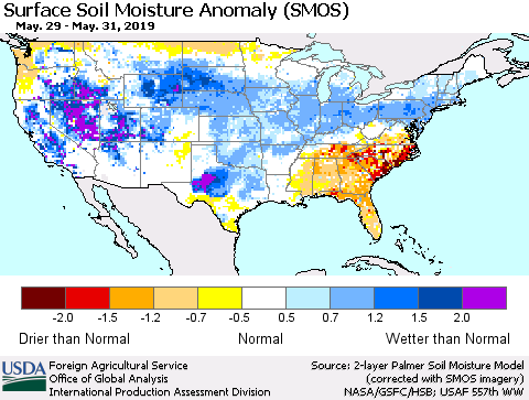United States Surface Soil Moisture Anomaly (SMOS) Thematic Map For 5/27/2019 - 6/2/2019