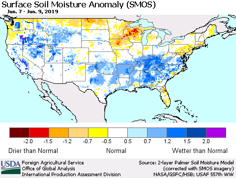United States Surface Soil Moisture Anomaly (SMOS) Thematic Map For 6/3/2019 - 6/9/2019