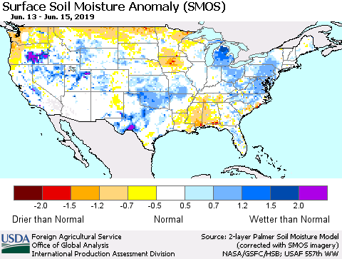 United States Surface Soil Moisture Anomaly (SMOS) Thematic Map For 6/10/2019 - 6/16/2019