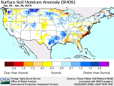 United States Surface Soil Moisture Anomaly (SMOS) Thematic Map For 6/24/2019 - 6/30/2019