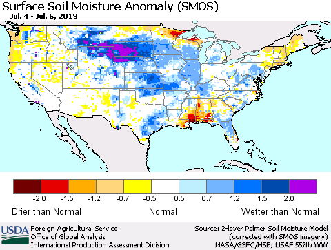United States Surface Soil Moisture Anomaly (SMOS) Thematic Map For 7/1/2019 - 7/7/2019