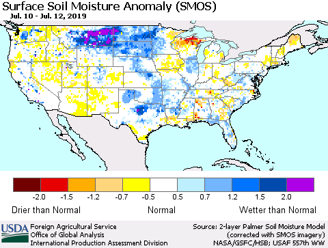 United States Surface Soil Moisture Anomaly (SMOS) Thematic Map For 7/8/2019 - 7/14/2019