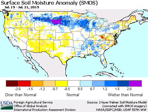 United States Surface Soil Moisture Anomaly (SMOS) Thematic Map For 7/15/2019 - 7/21/2019