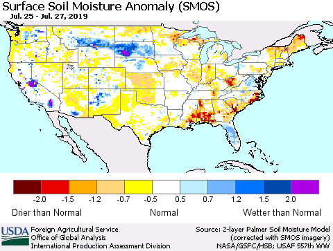 United States Surface Soil Moisture Anomaly (SMOS) Thematic Map For 7/22/2019 - 7/28/2019