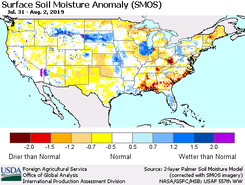 United States Surface Soil Moisture Anomaly (SMOS) Thematic Map For 7/29/2019 - 8/4/2019