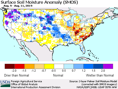 United States Surface Soil Moisture Anomaly (SMOS) Thematic Map For 8/5/2019 - 8/11/2019