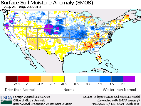 United States Surface Soil Moisture Anomaly (SMOS) Thematic Map For 8/19/2019 - 8/25/2019