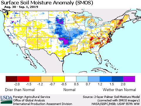 United States Surface Soil Moisture Anomaly (SMOS) Thematic Map For 8/26/2019 - 9/1/2019