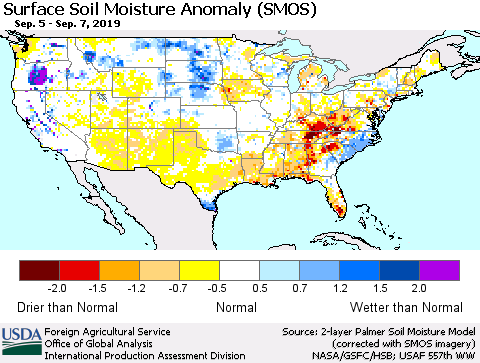 United States Surface Soil Moisture Anomaly (SMOS) Thematic Map For 9/2/2019 - 9/8/2019