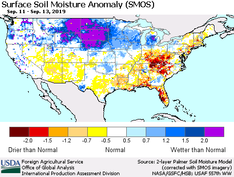 United States Surface Soil Moisture Anomaly (SMOS) Thematic Map For 9/9/2019 - 9/15/2019
