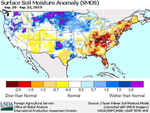 United States Surface Soil Moisture Anomaly (SMOS) Thematic Map For 9/16/2019 - 9/22/2019