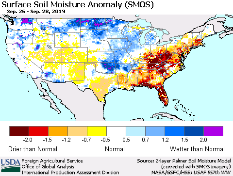 United States Surface Soil Moisture Anomaly (SMOS) Thematic Map For 9/23/2019 - 9/29/2019