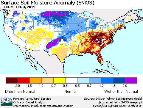 United States Surface Soil Moisture Anomaly (SMOS) Thematic Map For 9/30/2019 - 10/6/2019