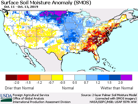 United States Surface Soil Moisture Anomaly (SMOS) Thematic Map For 10/7/2019 - 10/13/2019