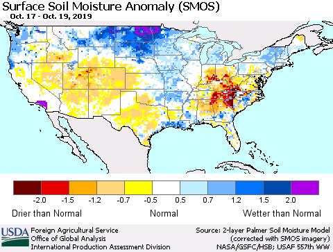 United States Surface Soil Moisture Anomaly (SMOS) Thematic Map For 10/14/2019 - 10/20/2019