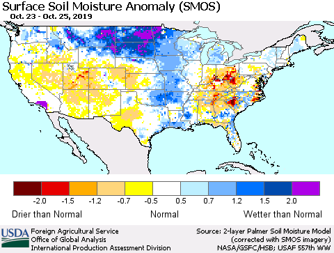 United States Surface Soil Moisture Anomaly (SMOS) Thematic Map For 10/21/2019 - 10/27/2019