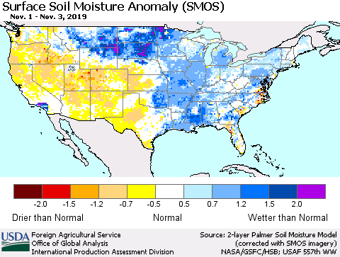 United States Surface Soil Moisture Anomaly (SMOS) Thematic Map For 10/28/2019 - 11/3/2019